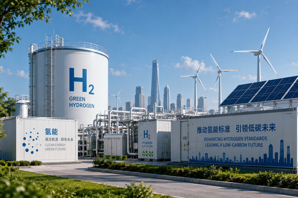 China green hydrogen facility with hydrogen storage tanks, electrolysers, wind turbines and solar panels