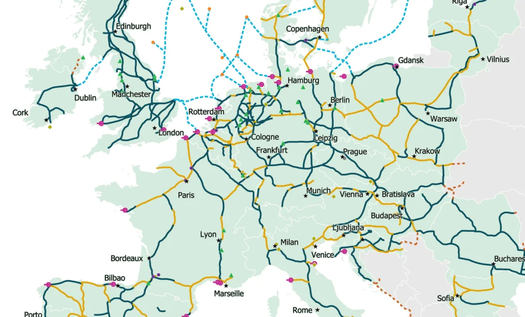 Map of European hydrogen pipelines showing the planned European hydrogen backbone network and key cross-border routes.