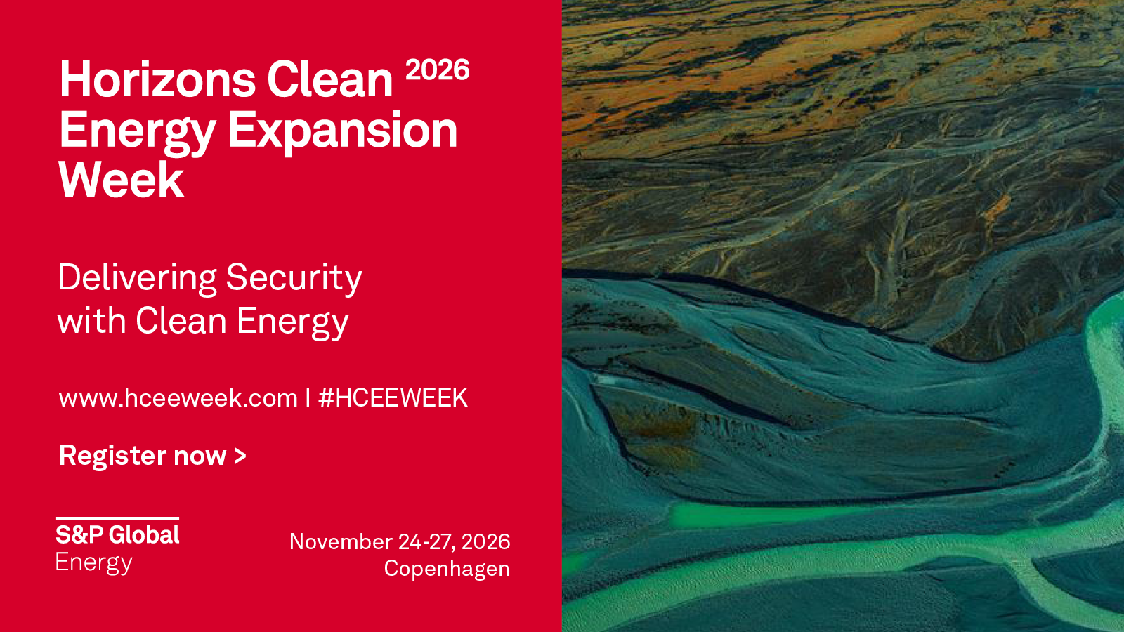 Event banner for Horizons Clean Energy Expansion Week 2026 with registration prompt and Copenhagen dates.