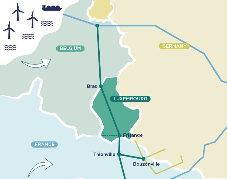 Map showing the HY4Link hydrogen corridor linking Luxembourg with France, Belgium and Germany.