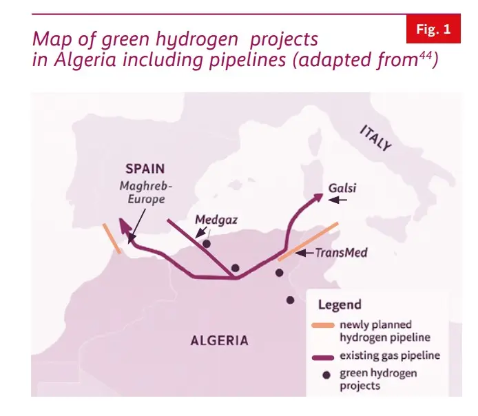 Algerias green hydrogen projects and export pipelines | Global Hydrogen Hub Map of Algeria showing green hydrogen projects and planned hydrogen pipelines connecting to Spain and Italy.