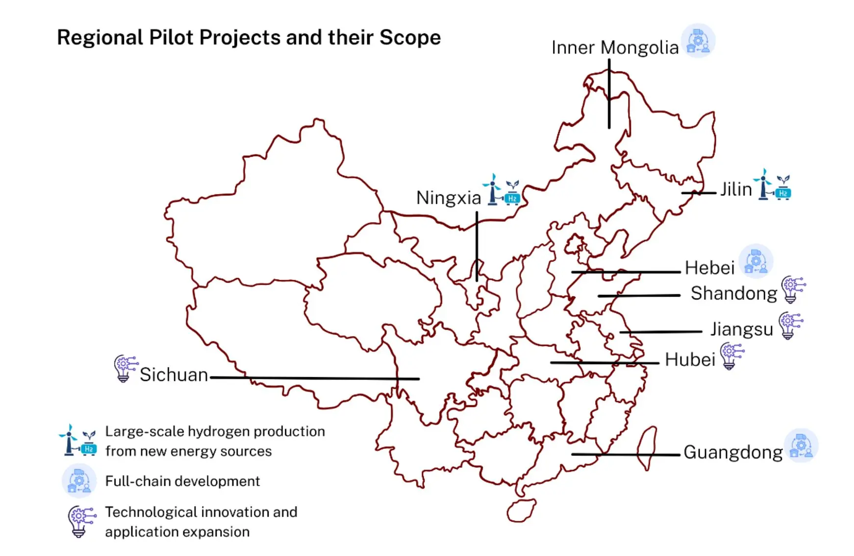 China green hydrogen pilot projects map | Global Hydrogen Hub Map of China showing regional China green hydrogen pilot projects and focus areas across key provinces.