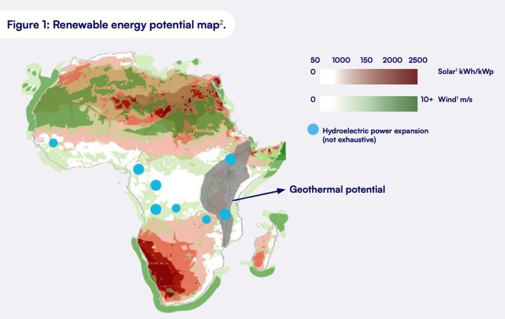 African renewable energy potential map showing solar, wind and hydro resources for hydrogen