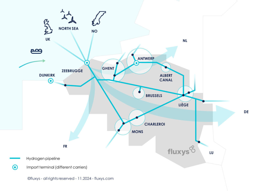 Belgium hydrogen terminals and pipeline network map showing import terminals and cross-border connections