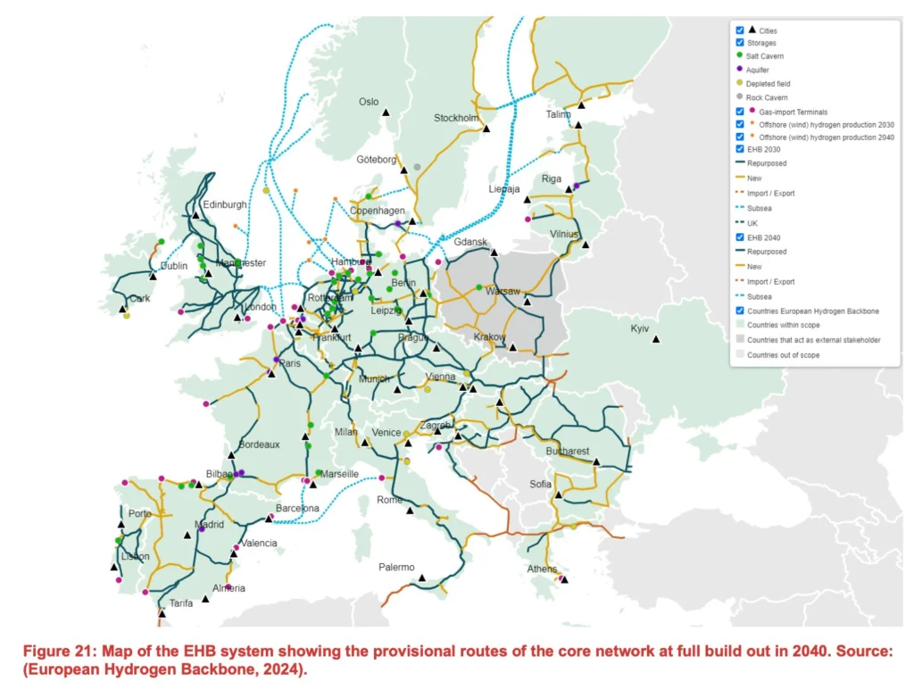 Map of European Hydrogen Backbone network showing 2040 core routes linked to Ireland hydrogen exports