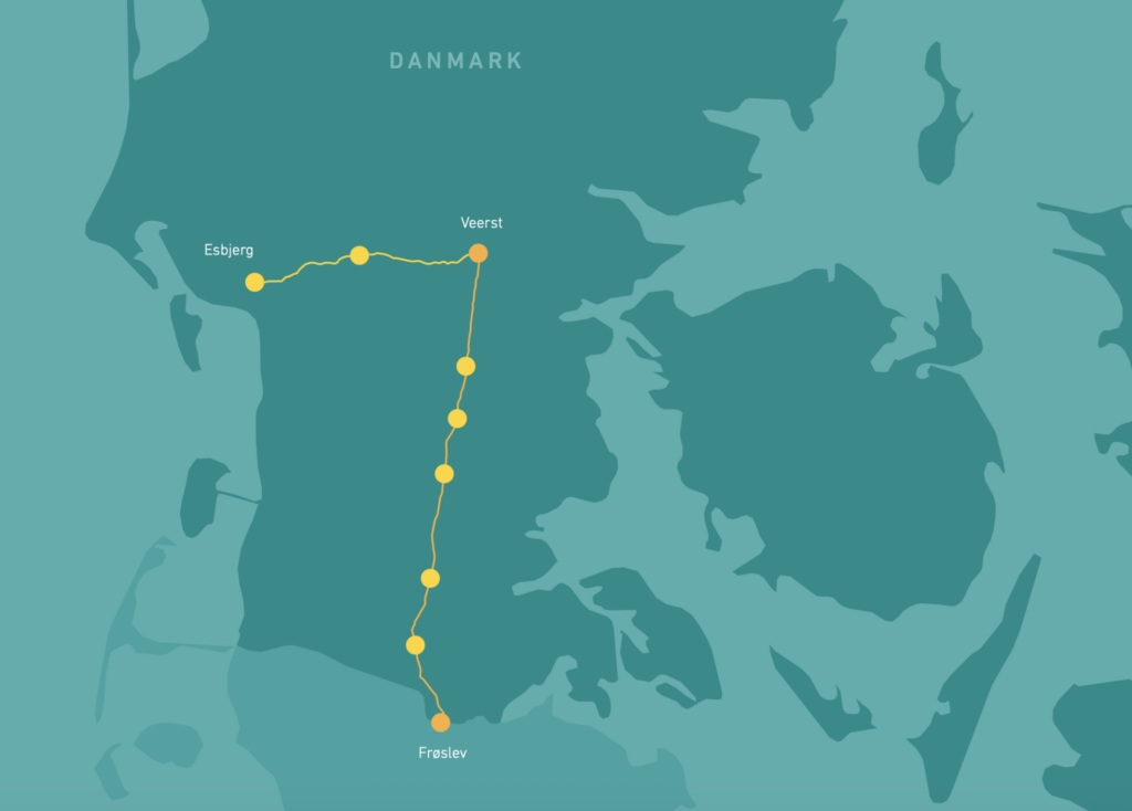 Map of Denmark showing the planned Danish hydrogen pipeline route between Esbjerg and Frøslev