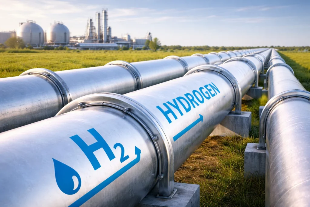 Hydrogen transmission network pipeline infrastructure transporting hydrogen between industrial hubs