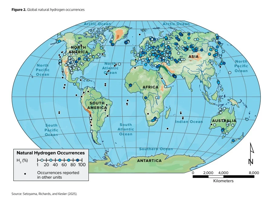 World map showing natural hydrogen occurrences with blue dots; legend lists hydrogen percentage and occurrence points across continents, scale bar and north arrow present.
