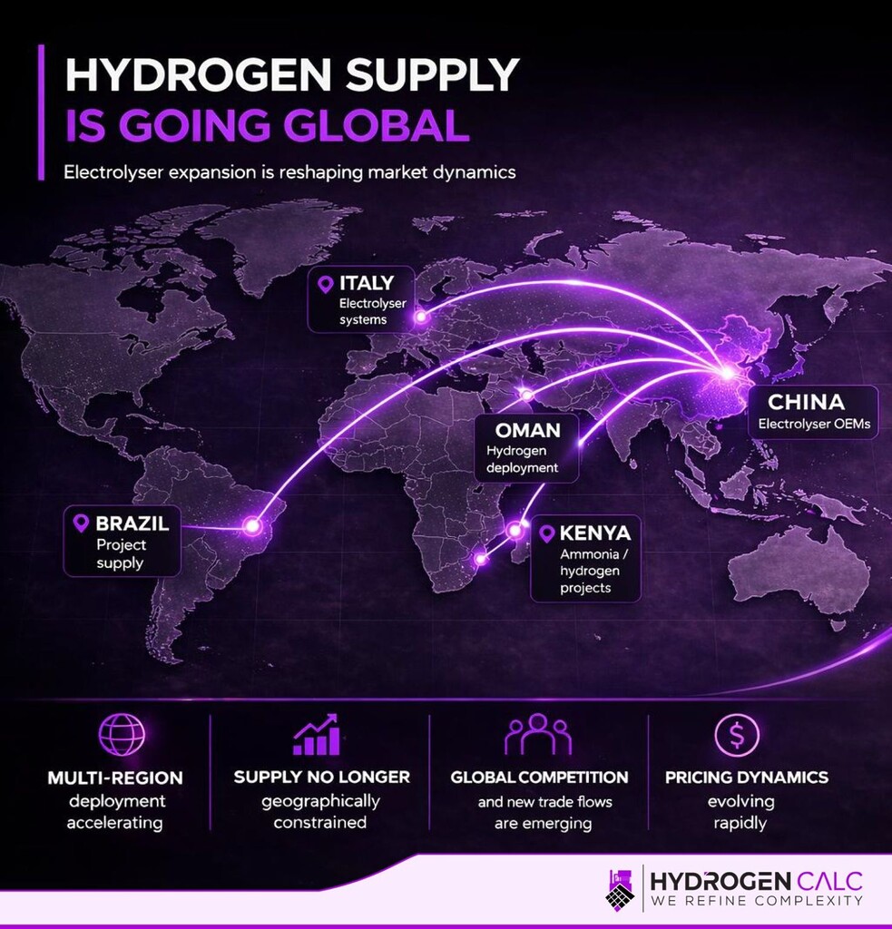 World map showing global hydrogen supply expansion with Chinese electrolyser exports to Italy, Oman, Kenya, and Brazil