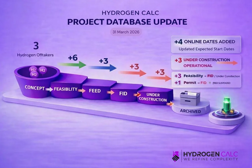 Hydrogen Calc project database update graphic showing hydrogen project stage movements and 47 weekly changes as of 31 March 2026