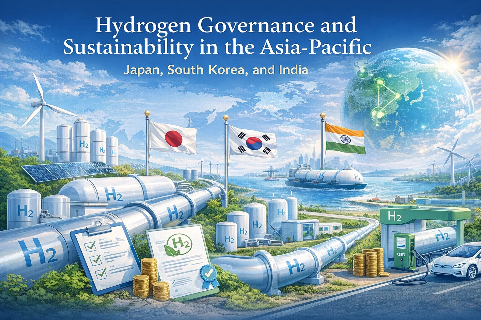 Hydrogen governance in Asia-Pacific illustrated through hydrogen infrastructure, clean energy systems and trade links across Japan, South Korea and India