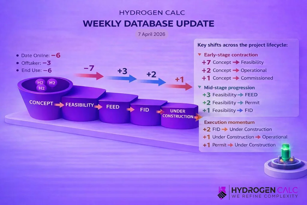 HydrogenCalc chart showing weekly hydrogen project lifecycle changes as of April 7, 2026, with early-stage declines and mid-to-late-stage project progression.