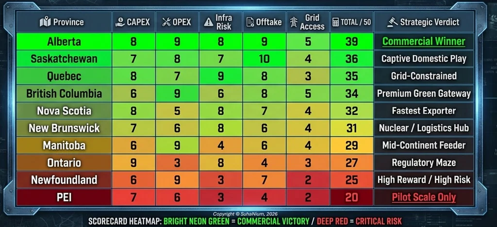 Canada hydrogen project scorecard comparing provincial hydrogen investment competitiveness in 2026