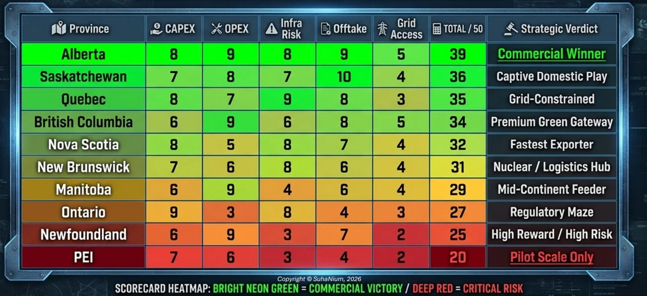 Canada hydrogen project scorecard comparing provincial hydrogen investment competitiveness in 2026