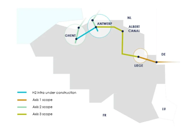 Belgium hydrogen transmission network map | Global Hydrogen Hub Hydrogen transmission market map showing planned hydrogen infrastructure across Belgium