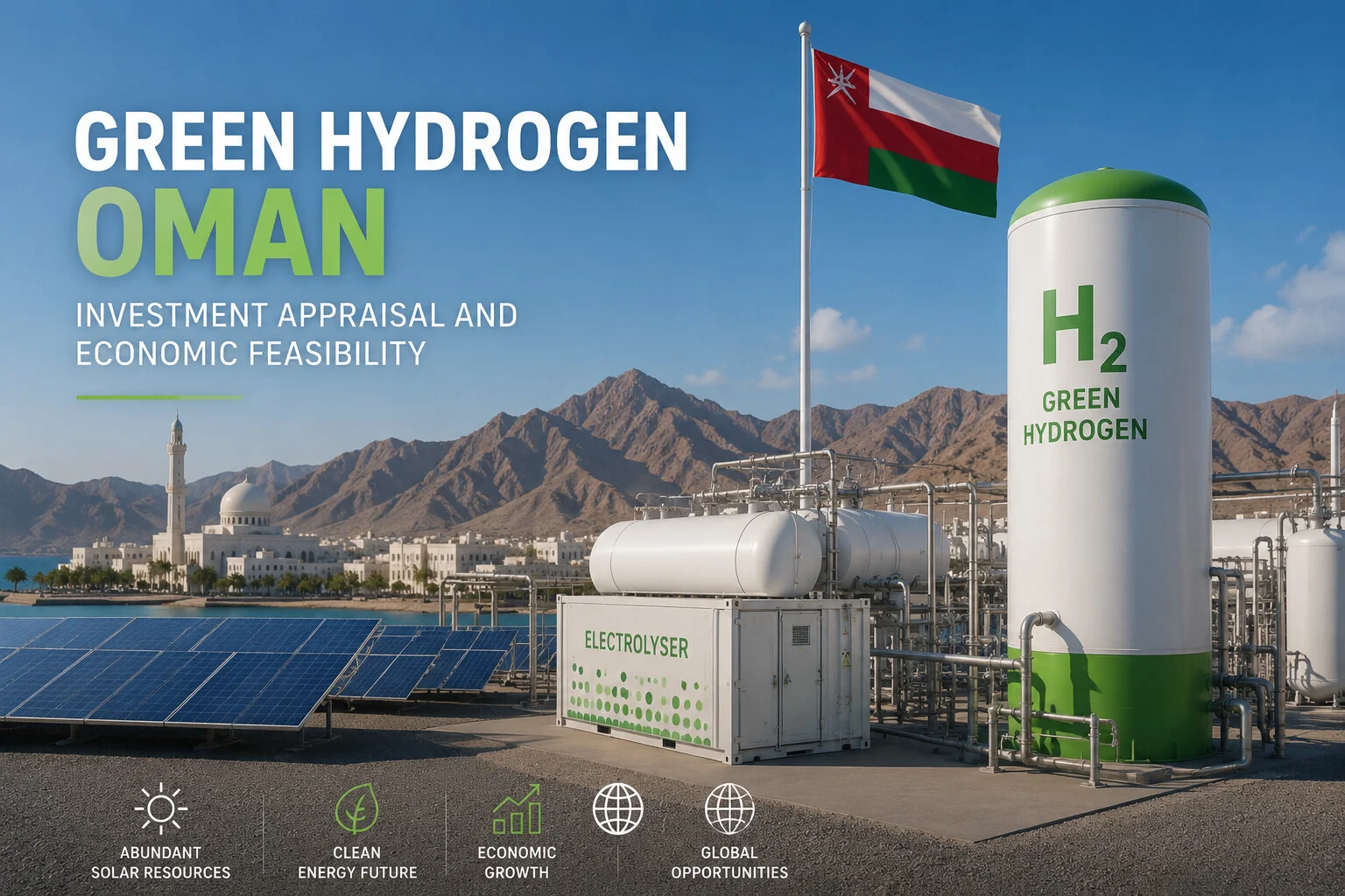 Green hydrogen Oman facility with solar panels, electrolyser, hydrogen storage tank and Oman flag