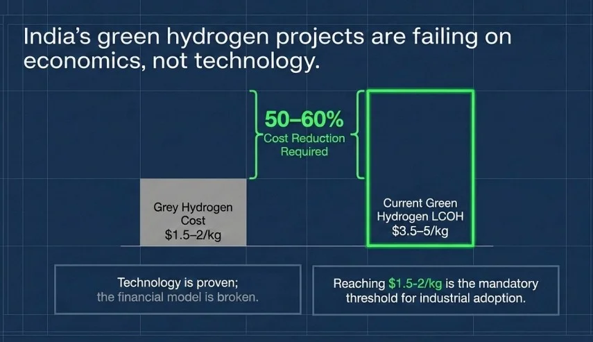 Infographic showing economics gap: Grey hydrogen $1.5–$2/kg; target LCOH $3.5–$5/kg; need 50–60% cost reduction for adoption.