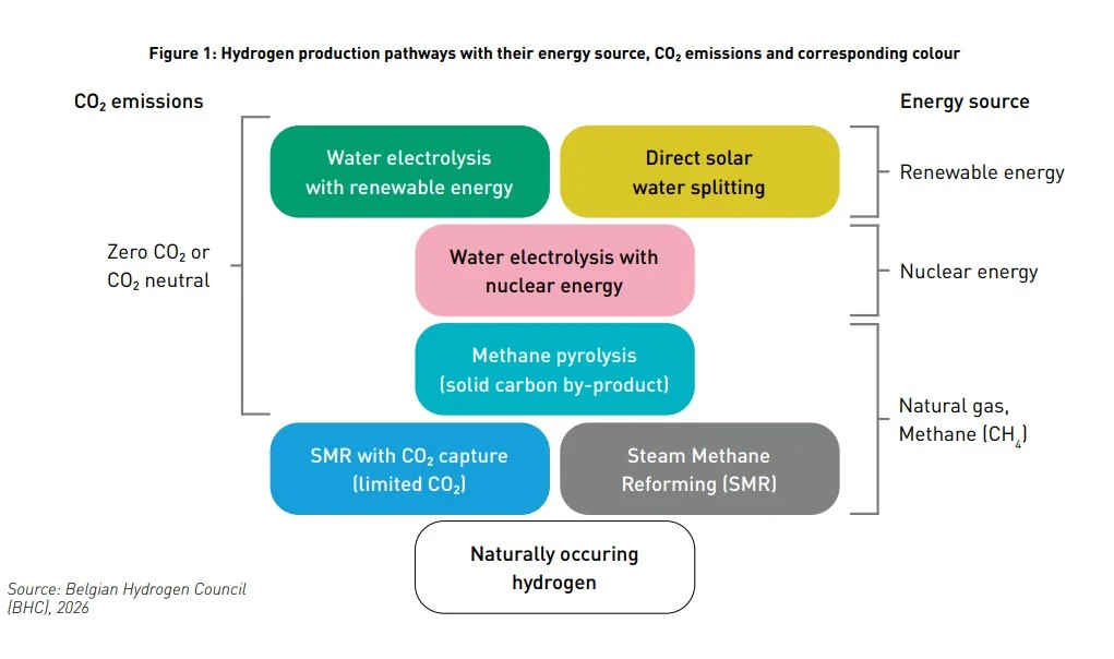 Diagram of hydrogen production pathways categorized by CO2 emissions. Top row shows green 'Water electrolysis with renewable energy' and yellow 'Direct solar water splitting'; pink 'Water electrolysis with nuclear energy' below; blue 'Methane pyrolysis (solid carbon by-product)' and blue 'SMR with CO2 capture (limited CO2)' on left; gray 'Steam Methane Reforming (SMR)' on the right. Bottom center shows 'Naturally occurring hydrogen'. Energy sources listed on the right: Renewable energy, Nuclear energy, Natural gas, Methane (CH4). Source: Belgi an Hydrogen Council (BHC), 2026.