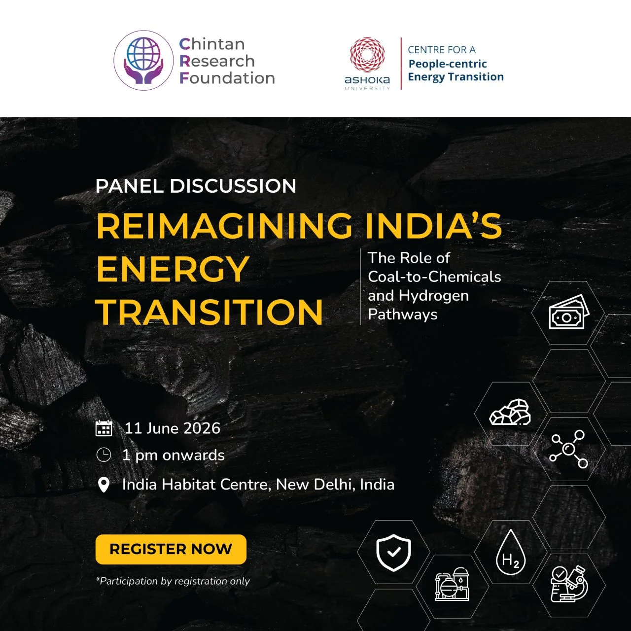 Panel discussion poster for Reimagining India’s Energy Transition on coal-to-chemicals and hydrogen pathways.