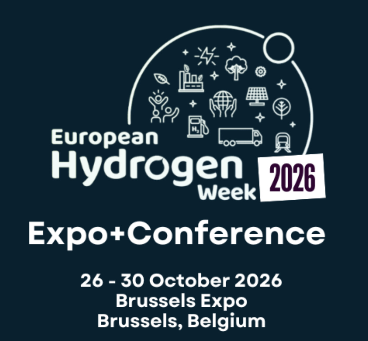 Promotional graphic for European Hydrogen Week 2026, highlighting the hydrogen conference and exhibition taking place in Brussels, Belgium.