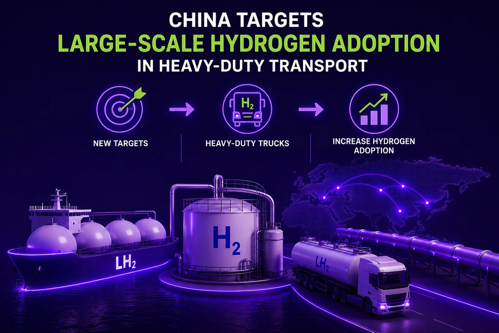 Illustration showing China's push for large-scale hydrogen adoption in heavy-duty transport, featuring hydrogen storage, trucking, shipping and infrastructure development.