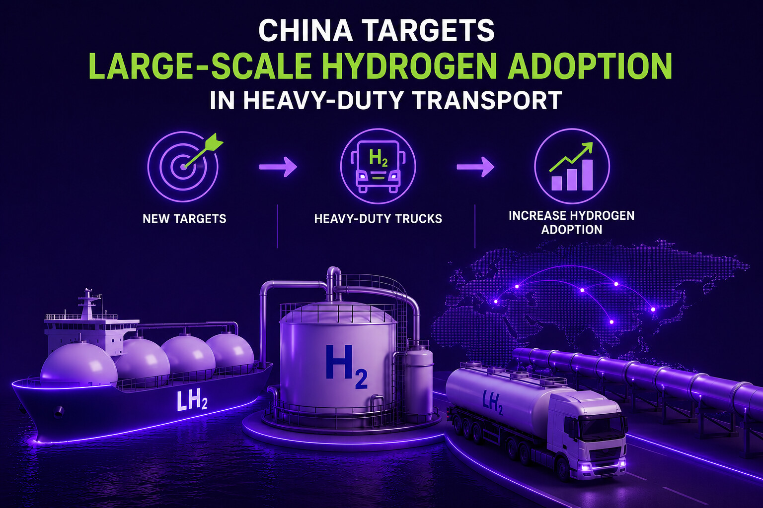 Illustration showing China's push for large-scale hydrogen adoption in heavy-duty transport, featuring hydrogen storage, trucking, shipping and infrastructure development.