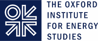 White geometric circular logo on a dark blue background with faint text to the right.