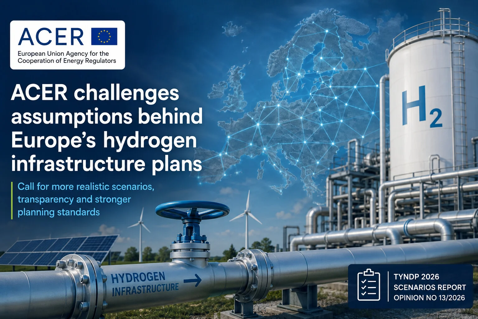 European hydrogen infrastructure pipeline, storage facility and network map illustrating ACER’s TYNDP 2026 planning concerns