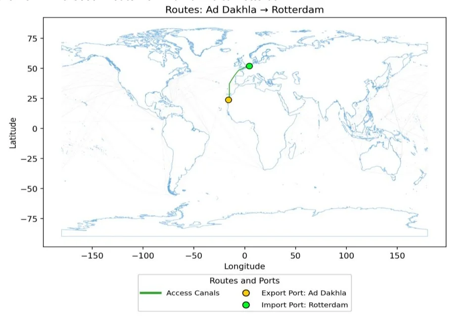Renewable ammonia shipping route map showing export from Ad Dakhla to Rotterdam.