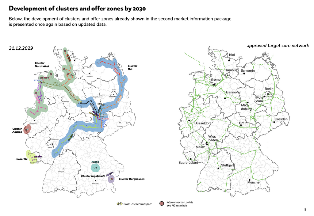 German hydrogen network clusters and approved core network development through 2030