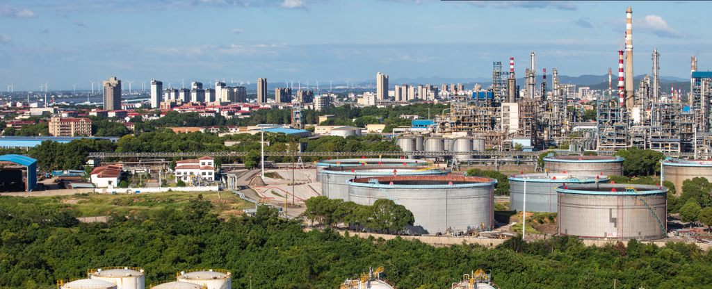 China's hydrogen economy: Sinopec Jiujiang industrial complex and storage tanks in Jiangxi